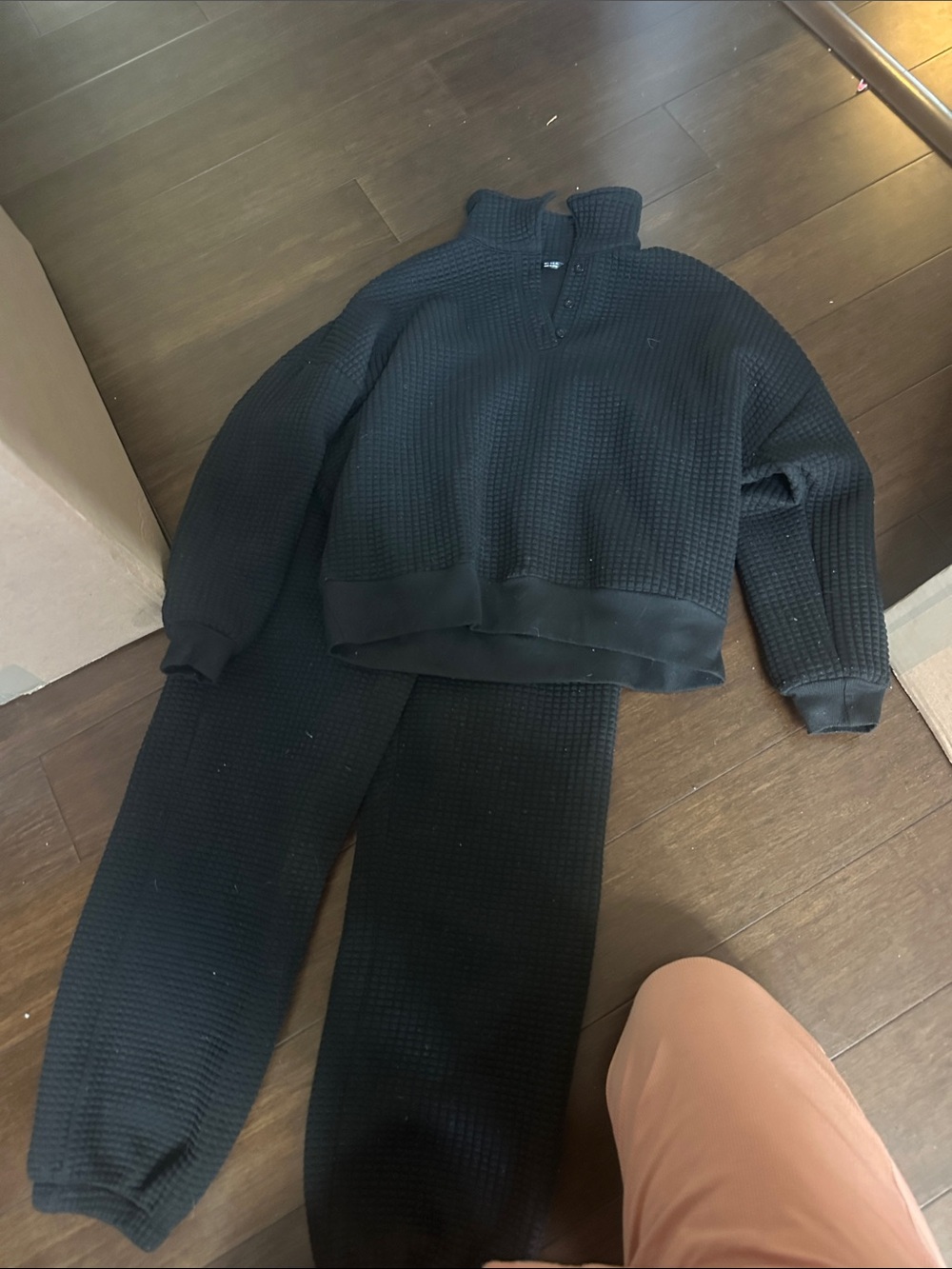 Black Waffle Knit Two-Piece Loungewear Set